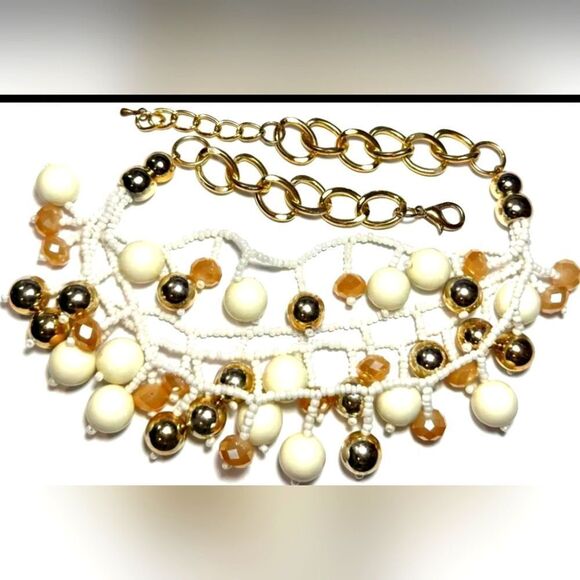 Vintage Jewelry Necklace Gold Tone Chunky Chain Multi Strand Dangle Bead Glass - Picture 1 of 1
